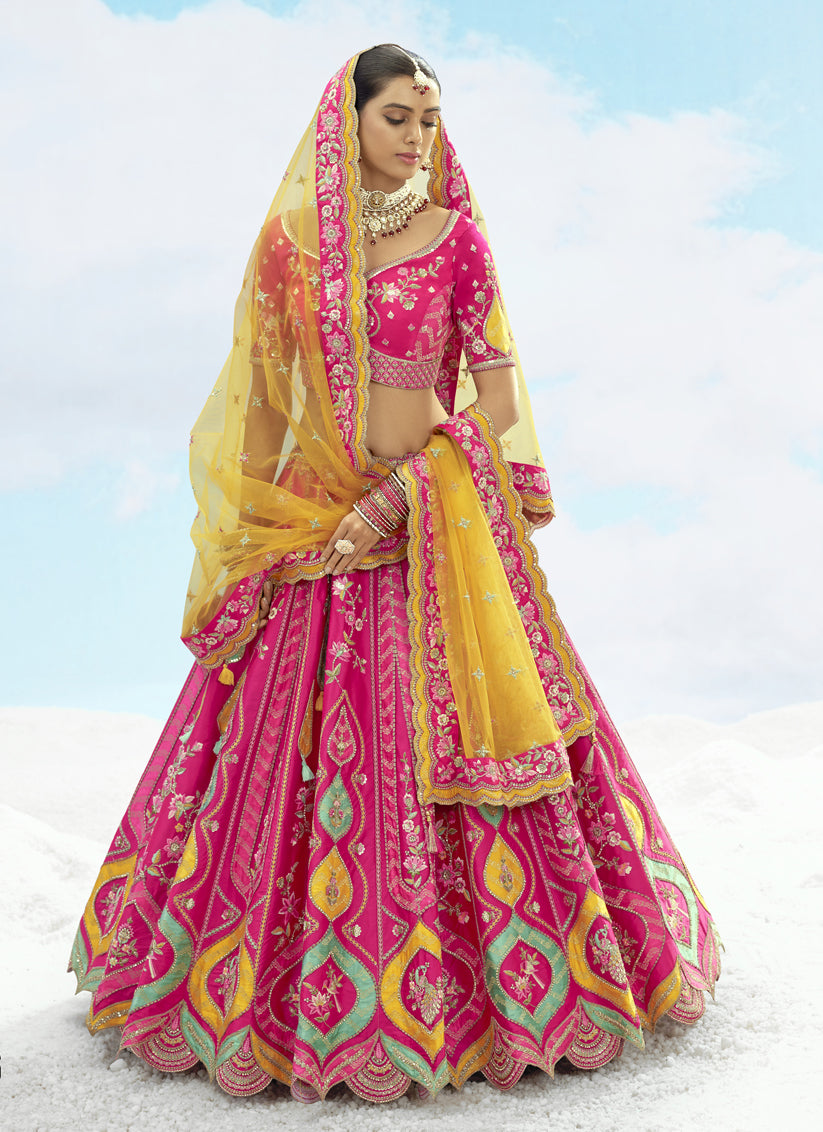 Rani Pink Silk Embroidered Designer Wedding Lehenga Choli Set