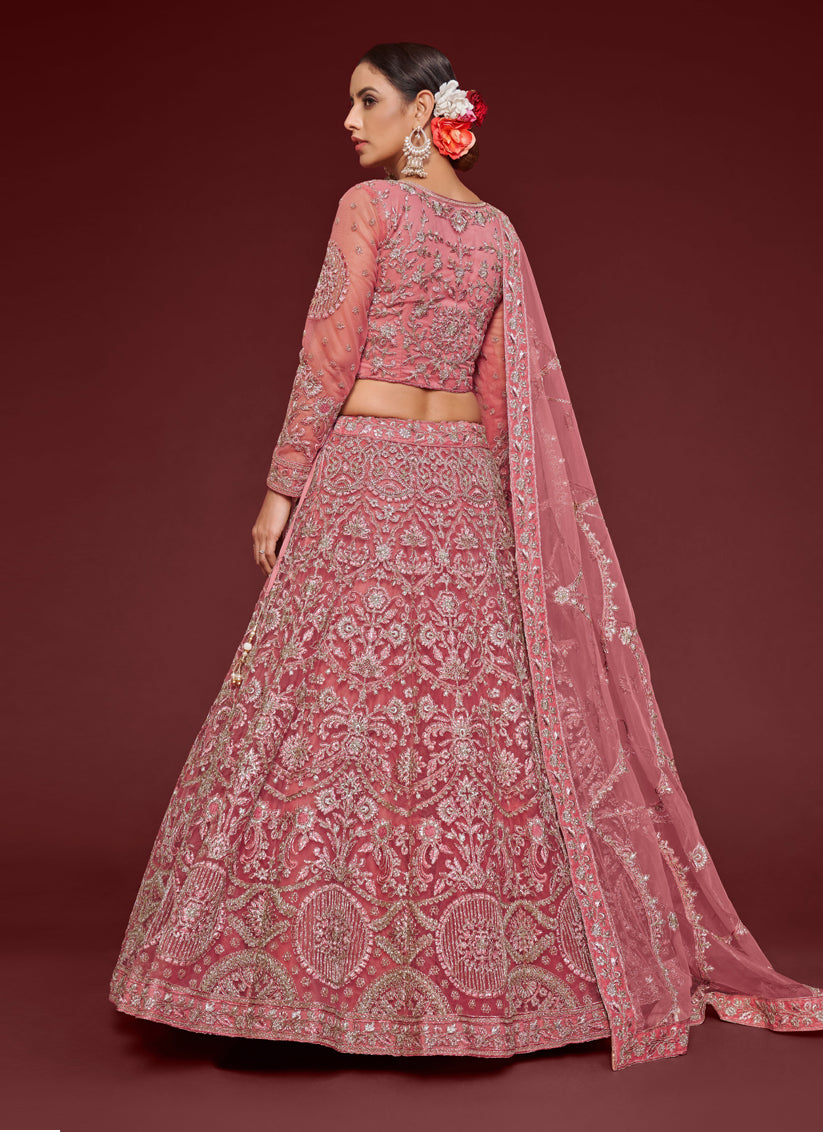 Rose Pink Net Embroidered Designer Lehenga Choli