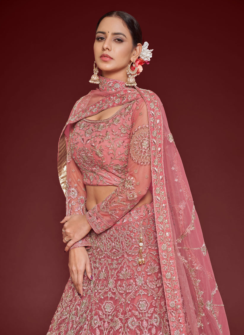 Rose Pink Net Embroidered Designer Lehenga Choli