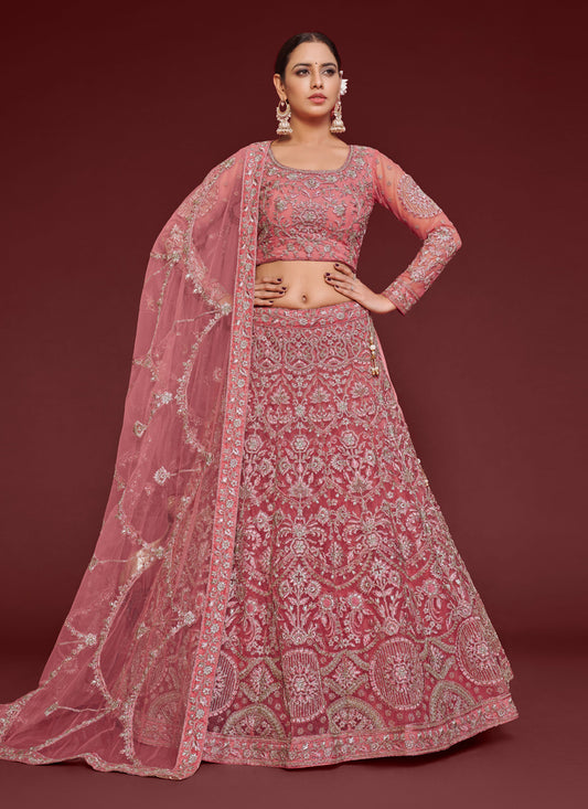 Rose Pink Net Embroidered Designer Lehenga Choli