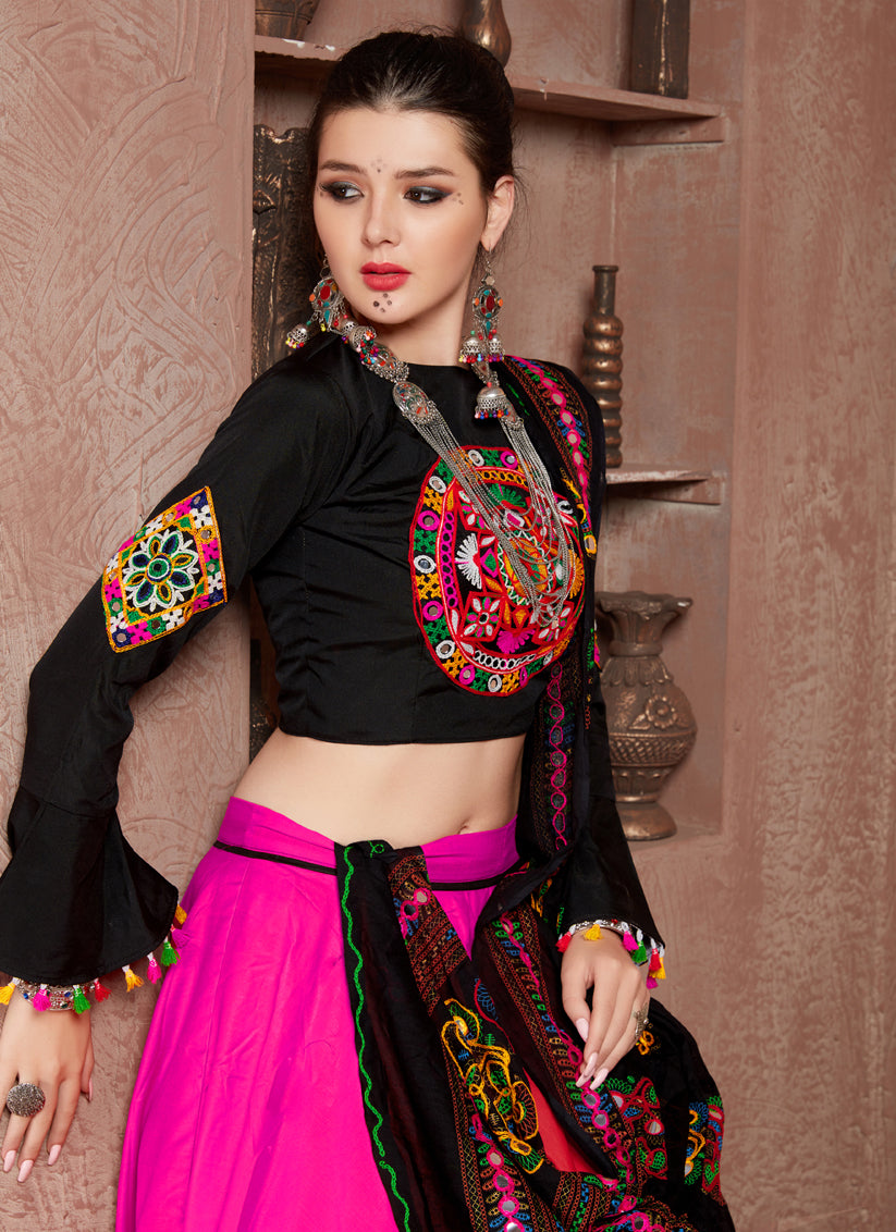 Rani Pink Cotton Gamthi Work Chaniya Choli