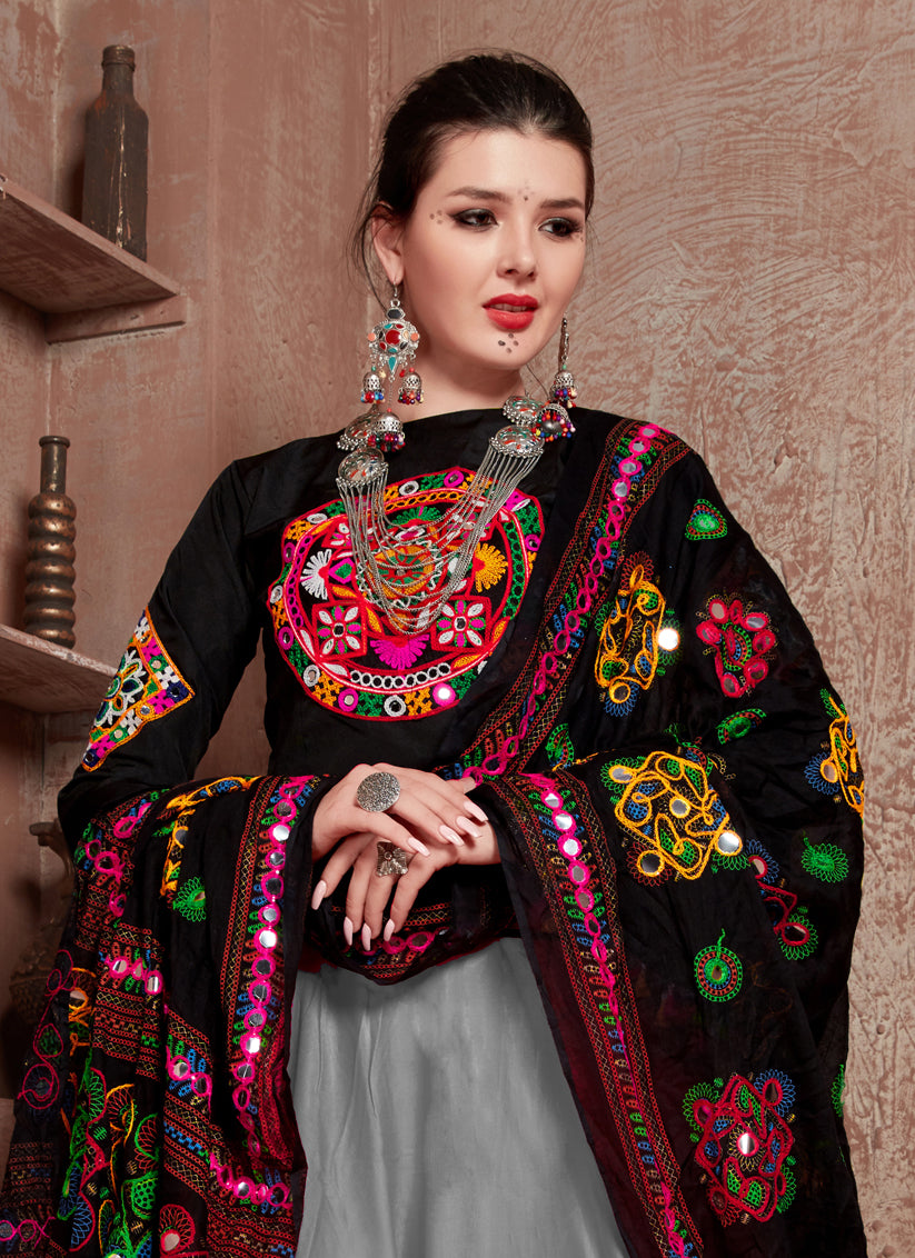 Smoke Grey Cotton Gamthi Work Chaniya Choli