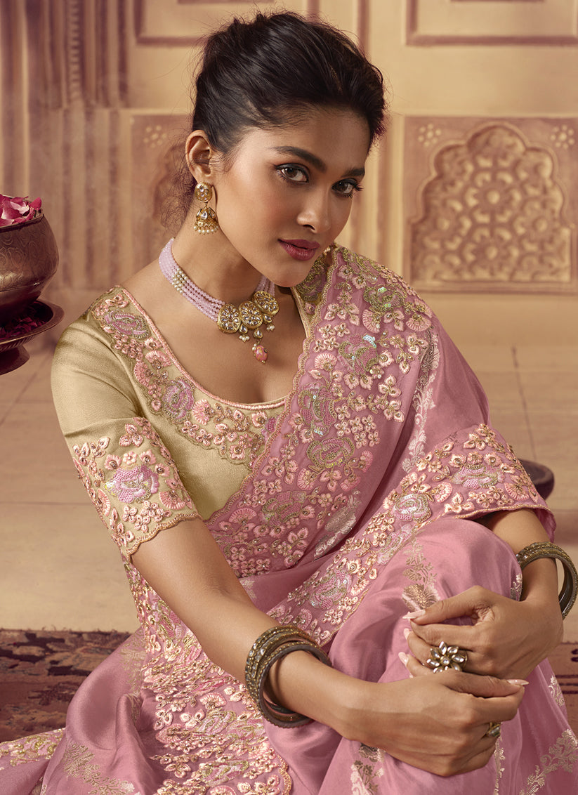 Carnation Pink Smoked Viscose Embroidered Saree