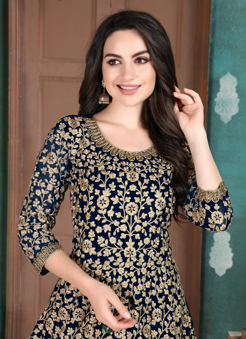 Midnight Blue Faux Georgette Embroidered Floor Length Anarkali Suit
