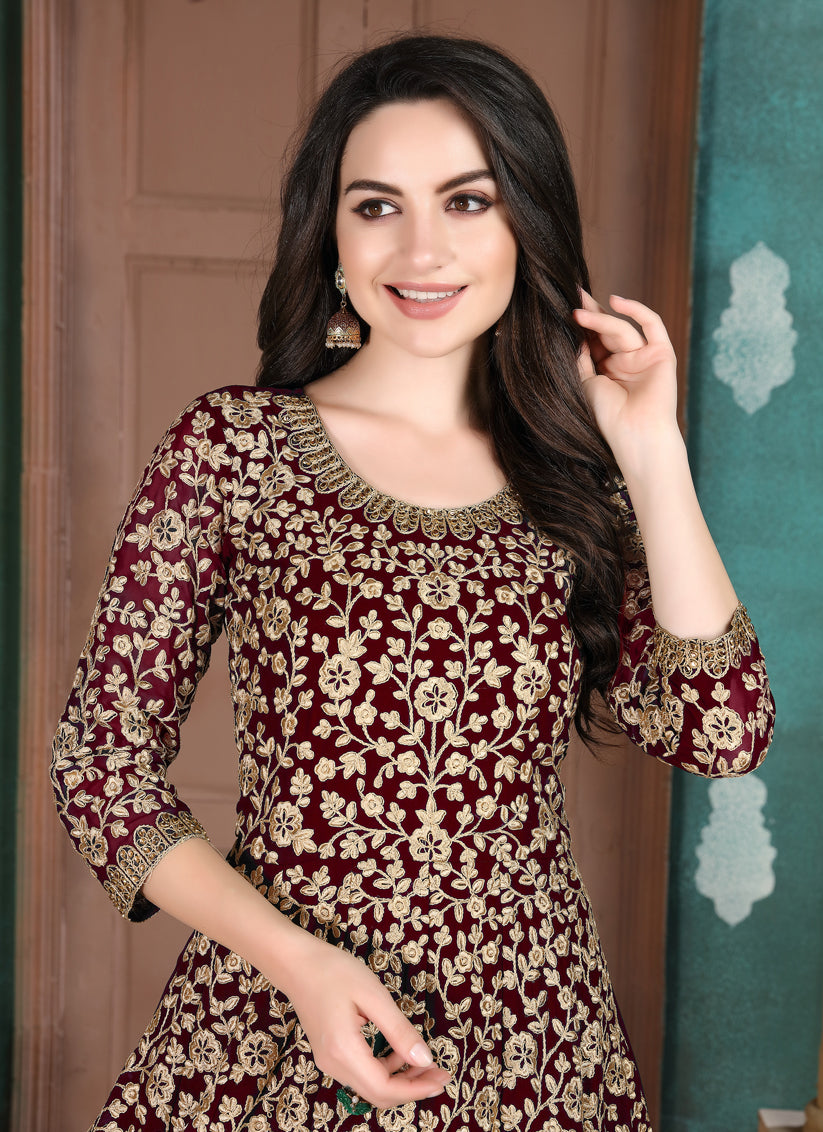 Maroon Faux Georgette Embroidered Floor Length Anarkali Suit