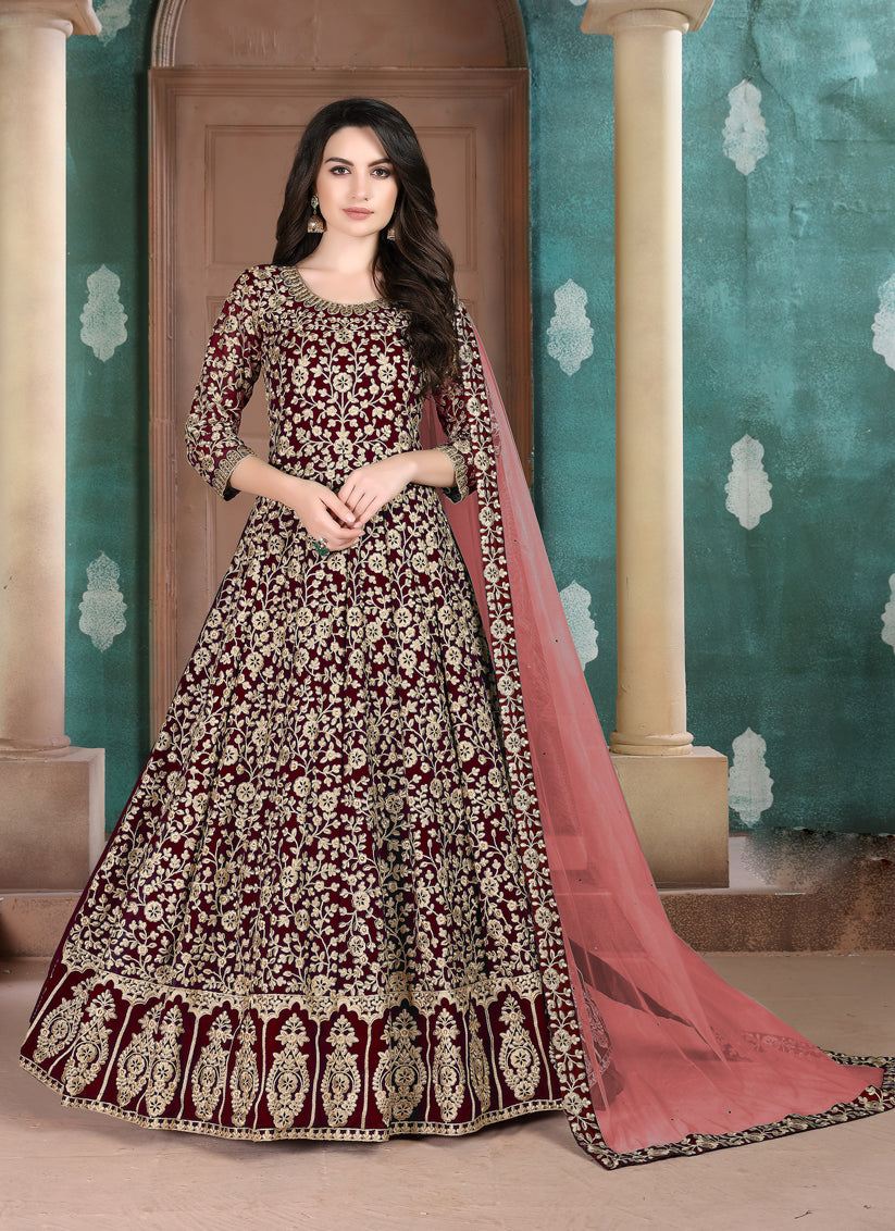 Maroon Faux Georgette Embroidered Floor Length Anarkali Suit
