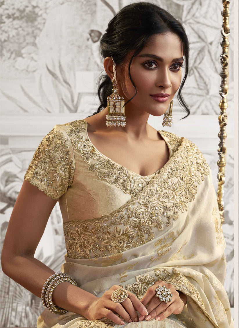 Ivory Viscose Jacquard Embroidered Designer Saree