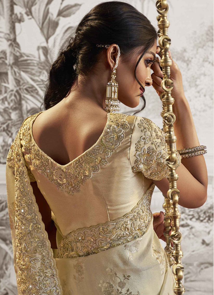 Ivory Viscose Jacquard Embroidered Designer Saree