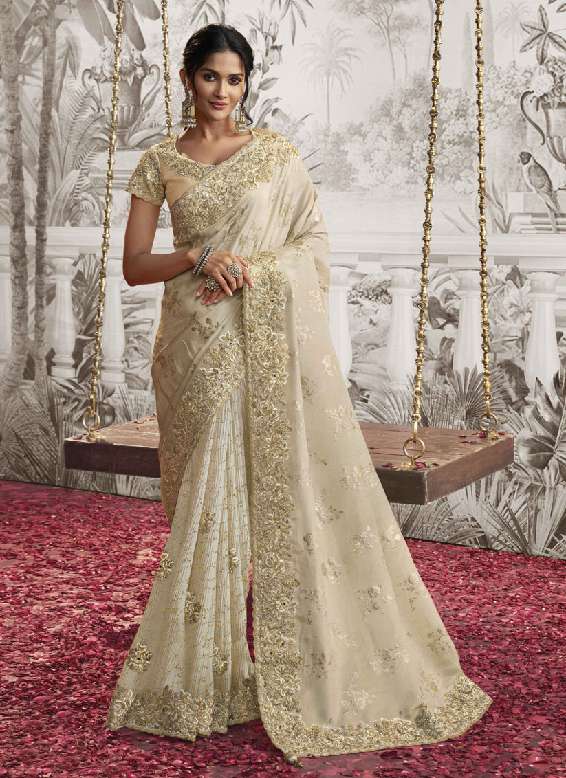 Ivory Viscose Jacquard Embroidered Designer Saree