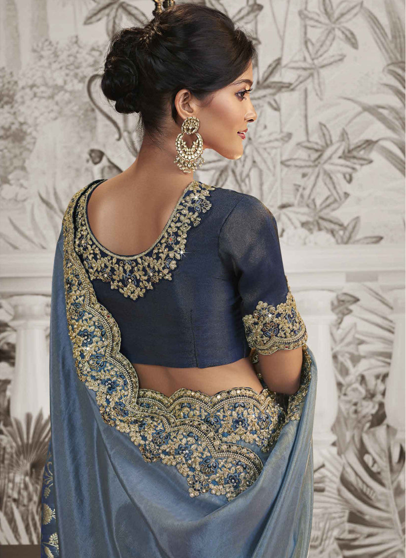 Steel Blue Viscose Jacquard Embroidered Designer Saree