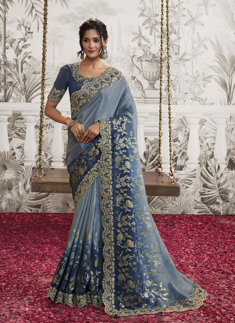 Steel Blue Viscose Jacquard Embroidered Designer Saree