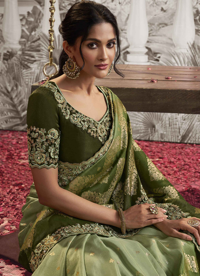 Pistachio and Olive Green Viscose Jacquard Embroidered Designer Saree