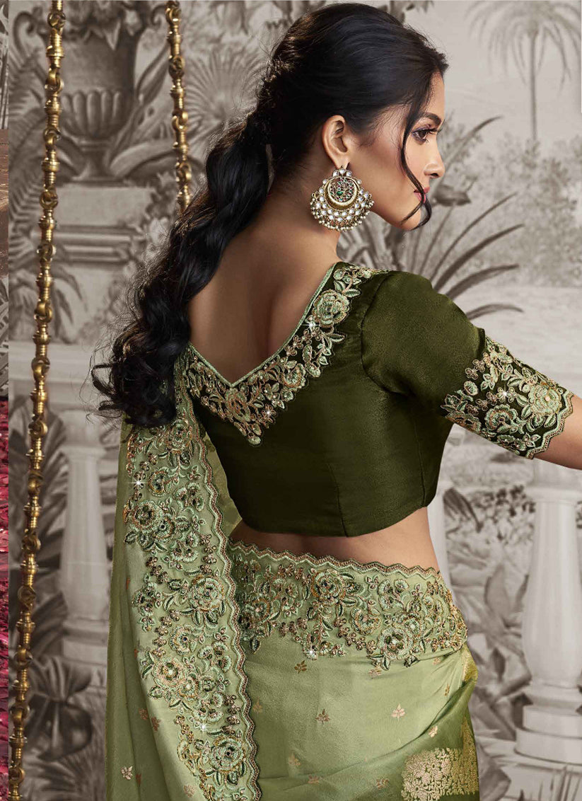 Pistachio and Olive Green Viscose Jacquard Embroidered Designer Saree