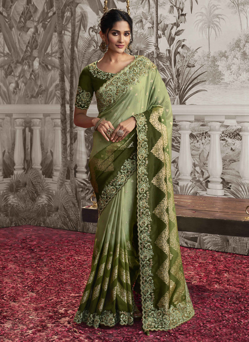 Pistachio and Olive Green Viscose Jacquard Embroidered Designer Saree