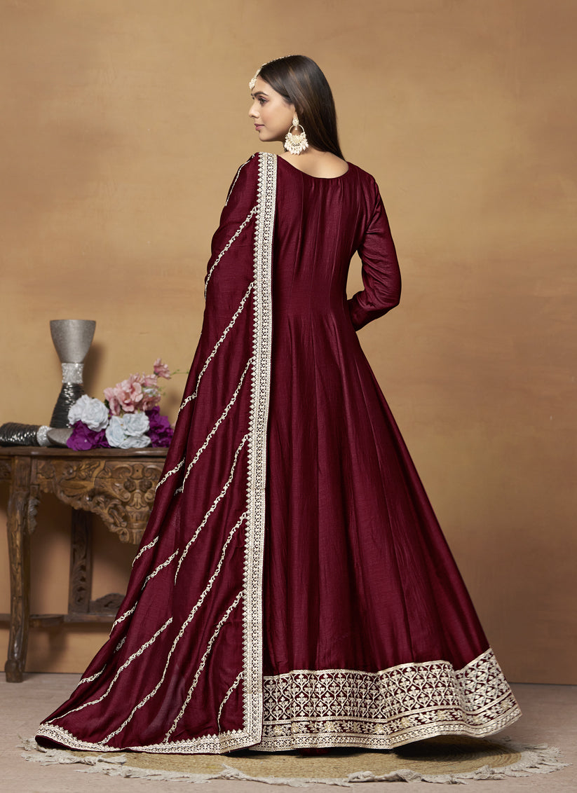 Maroon Art Silk Embroidered Designer Anarkali Suit