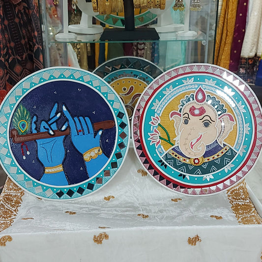 Set of 2 - Krishna Flute and Ganesha Lippan Art Wall Plate
