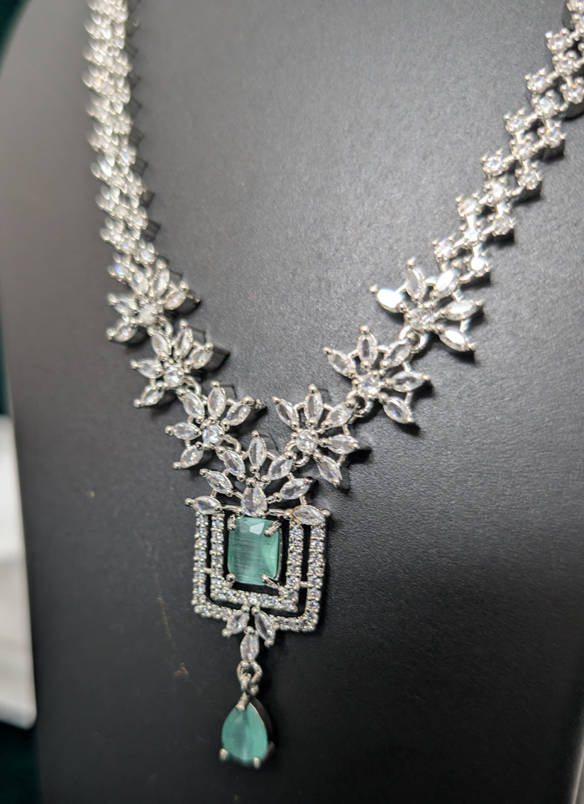 Sea Green Stone AD Diamond Necklace Set