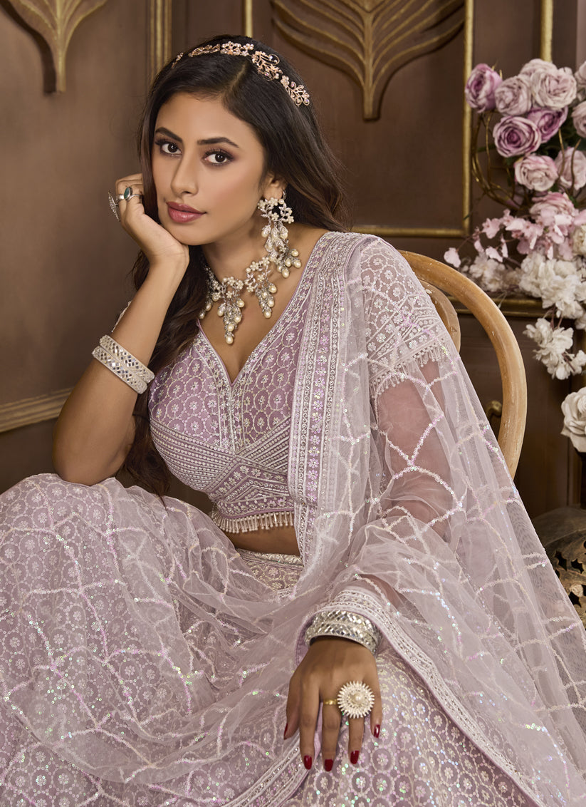 Lavender Net Embroidered Designer Lehenga Choli Set