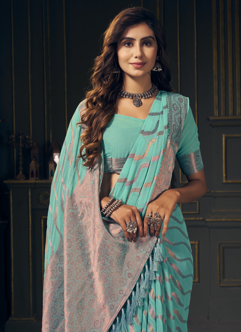 Aqua Georgette Designer Saree