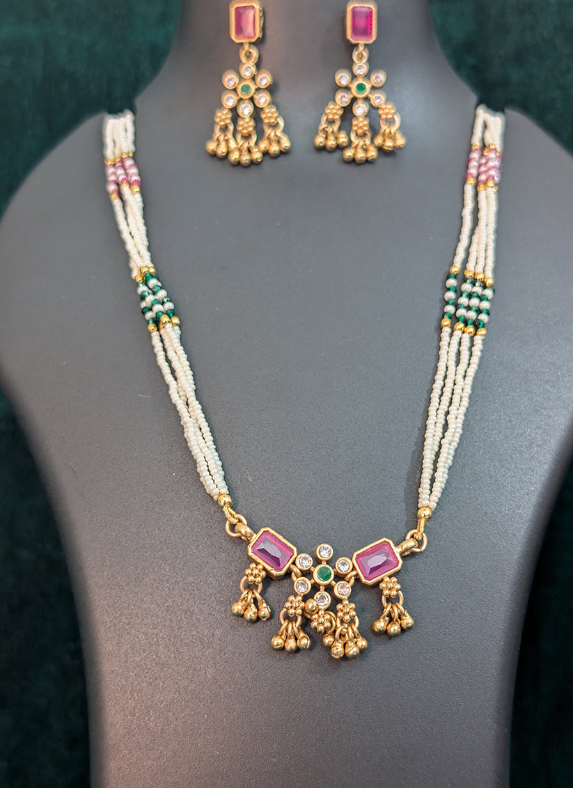 White Pearl & Pink Stone 4 String Necklace Set