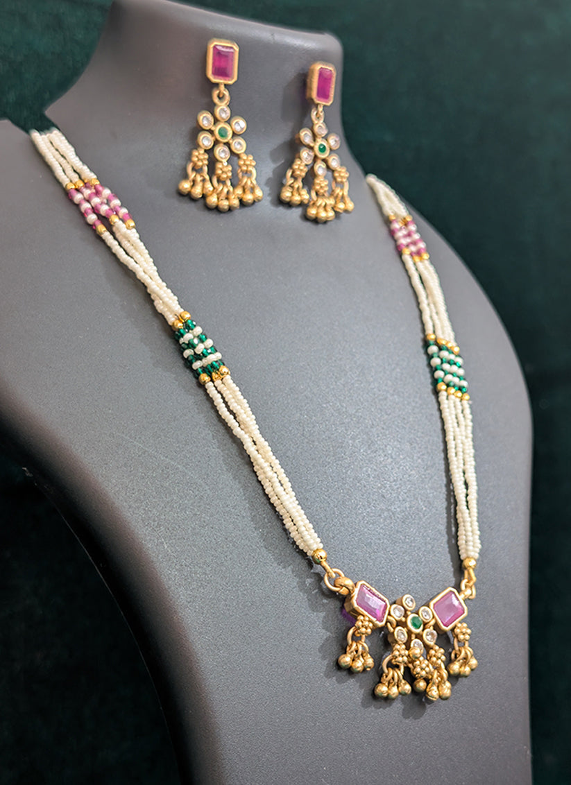 White Pearl & Pink Stone 4 String Necklace Set