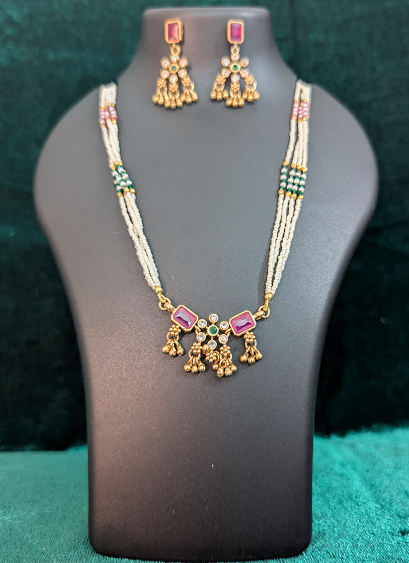 White Pearl & Pink Stone 4 String Necklace Set