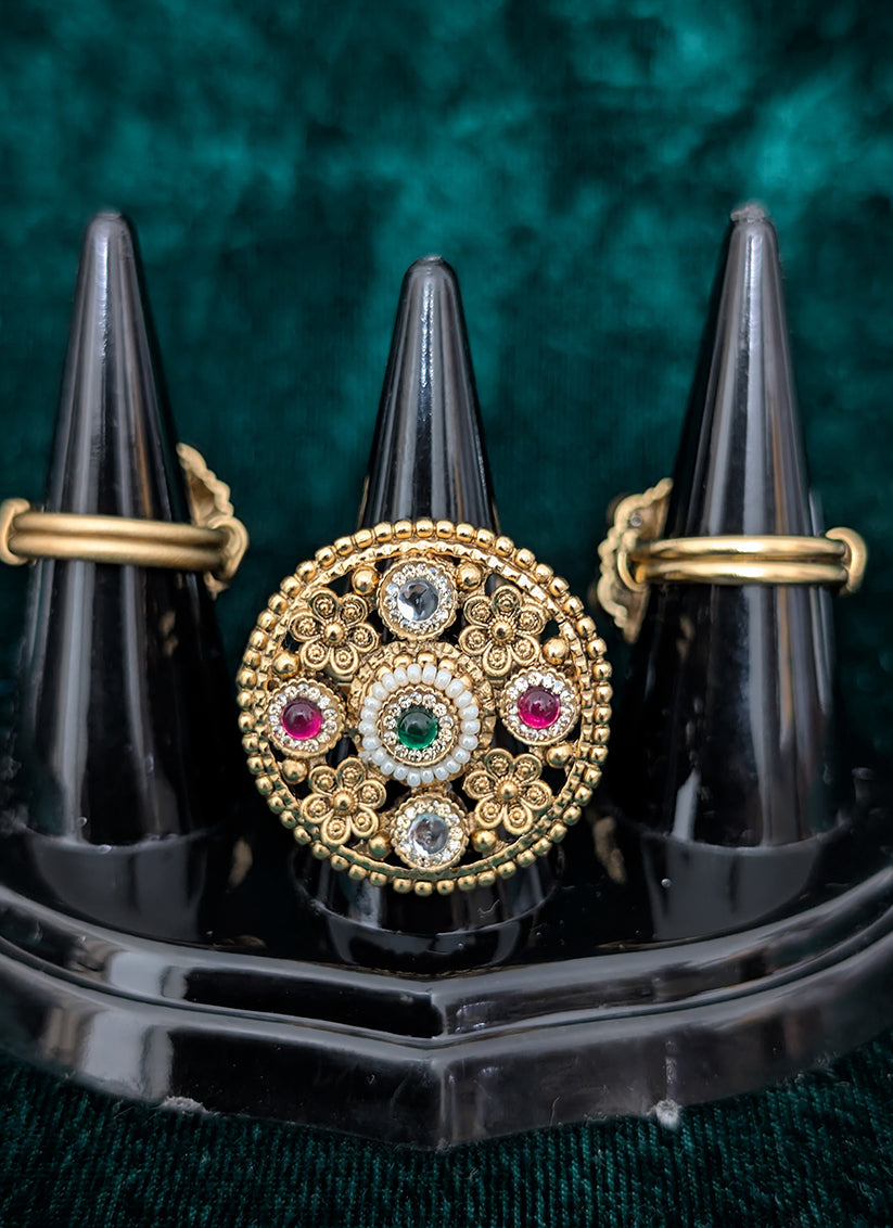 Pink & Green Studded and White Pearl Ring For Women