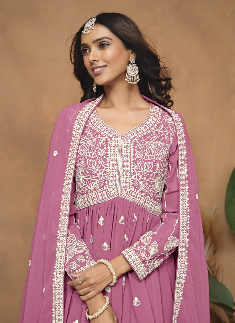 Flamingo Pink Faux Georgette Embroidered Sarara Kameez