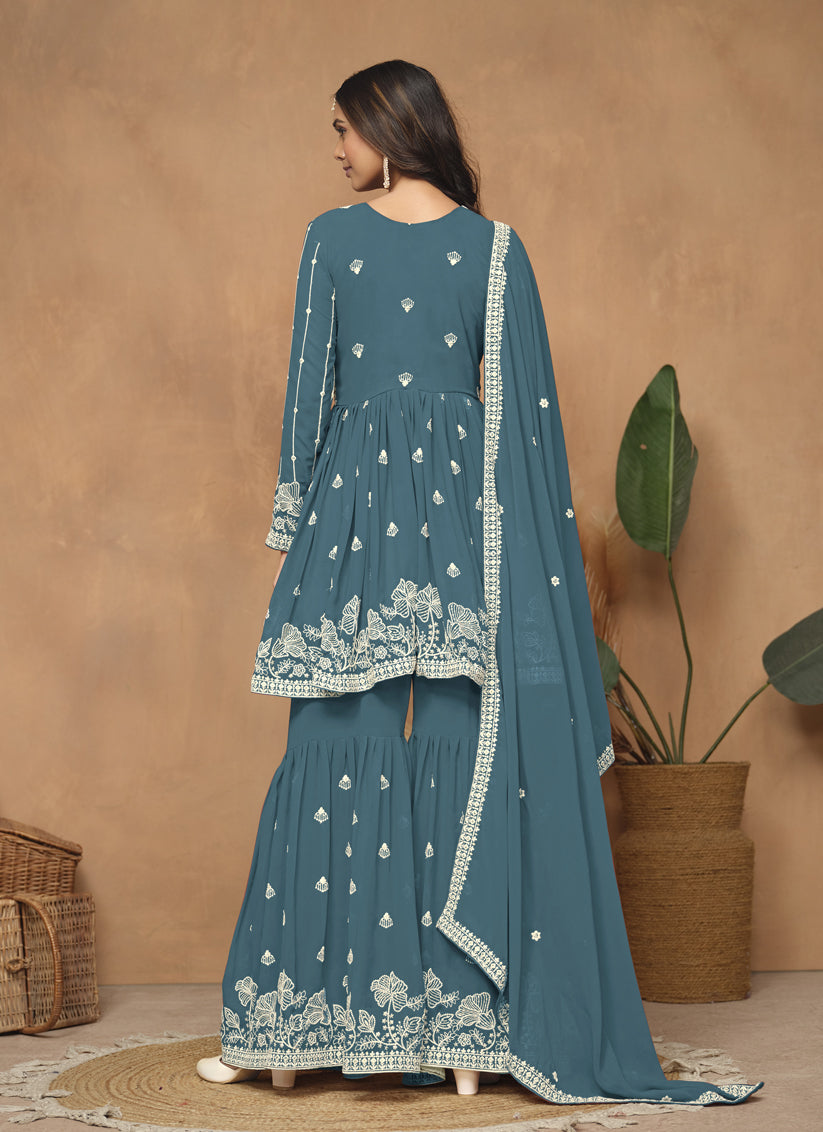 Teal Blue Faux Georgette Embroidered Sarara Kameez