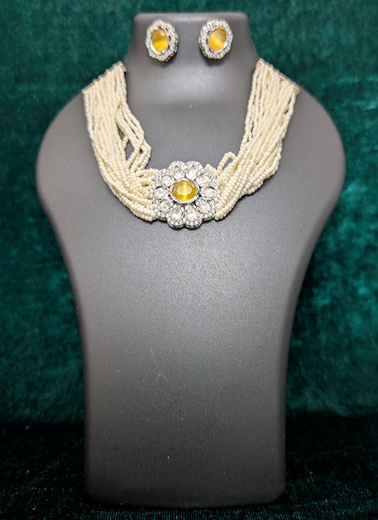 Elegant Yellow Kundan & Pearl Choker Necklace Set