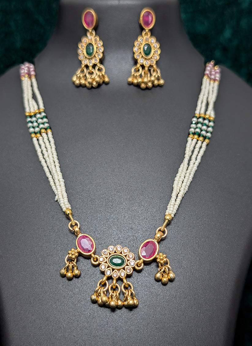 Premium White Pearl & Pink Stone 4 String Necklace Set