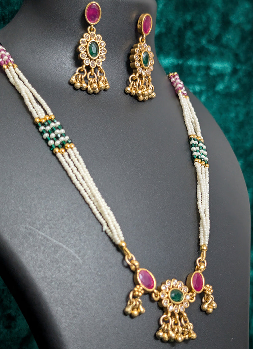 Premium White Pearl & Pink Stone 4 String Necklace Set