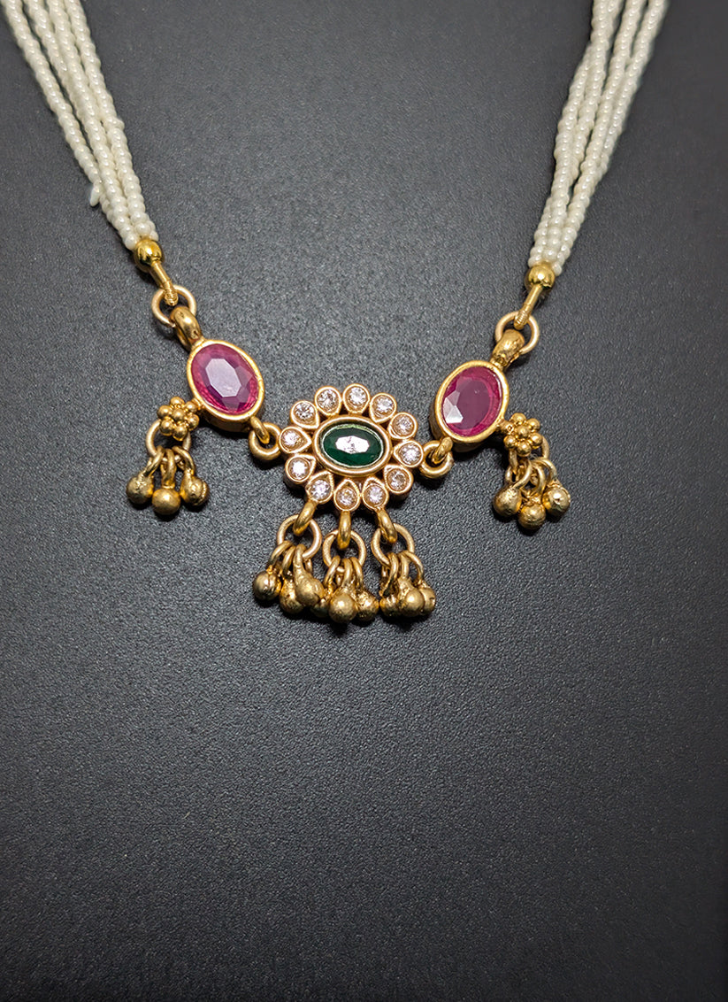 Premium White Pearl & Pink Stone 4 String Necklace Set