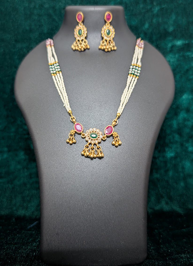 Premium White Pearl & Pink Stone 4 String Necklace Set