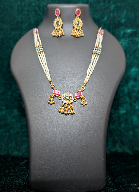 Premium White Pearl & Pink Stone 4 String Necklace Set