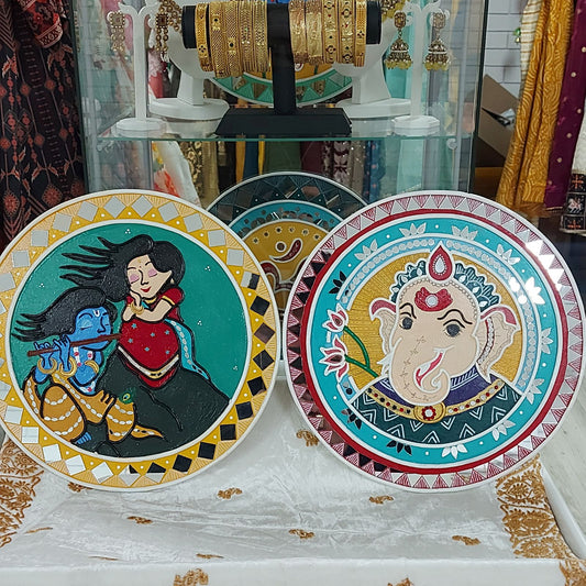 Set of 2 - Radhe-Krishna and Ganesha Lippan Art Wall Plate