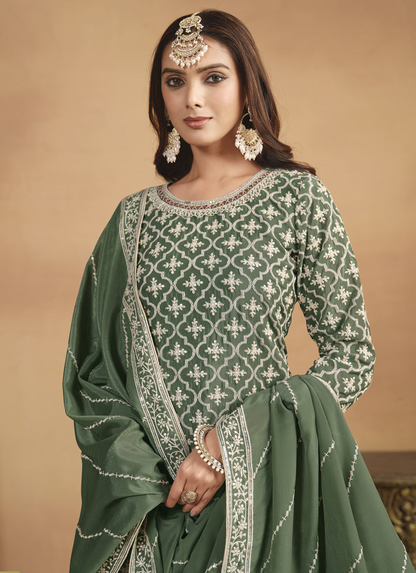 Moss Green Chinnon Embroidered Designer Lehenga Kameez