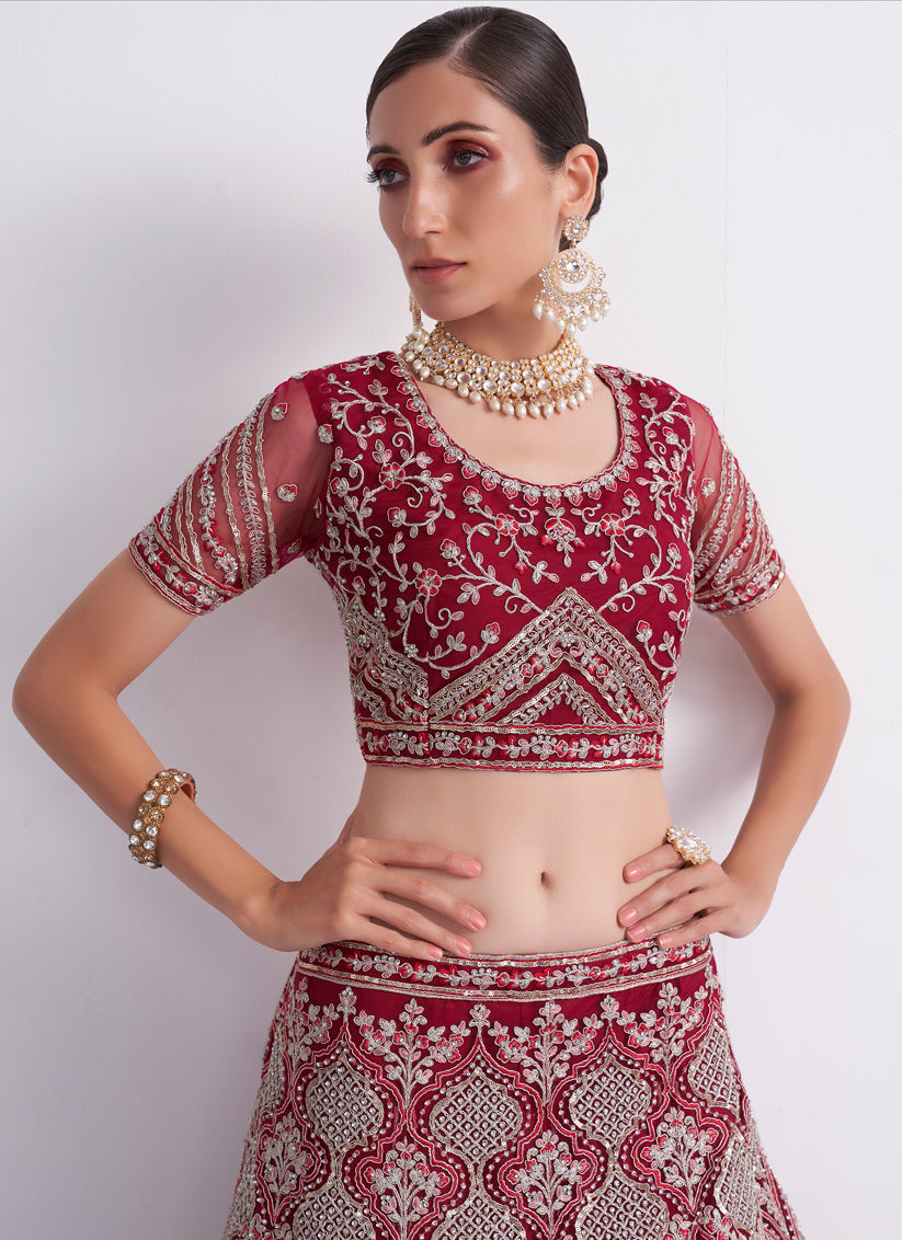 Cherry Red Net Embroidered Bridal Lehenga Choli