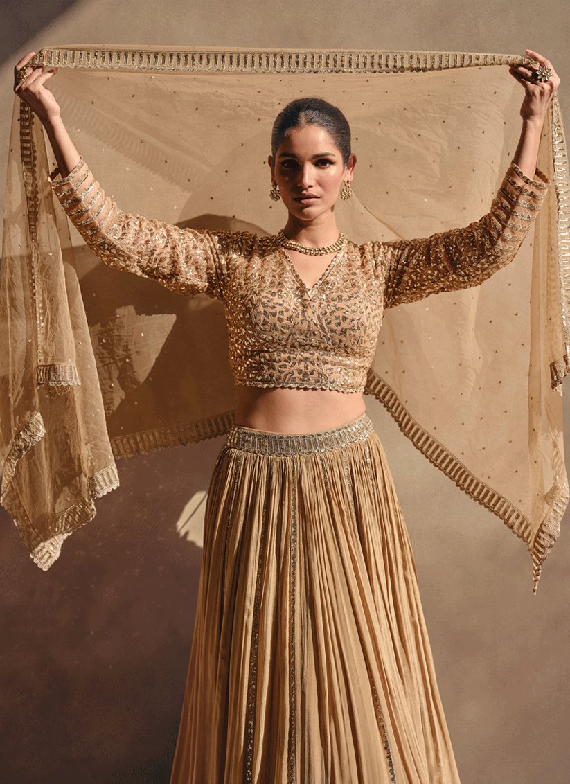 Fawn Chinnon Silk Designer Readymade Lehenga Choli