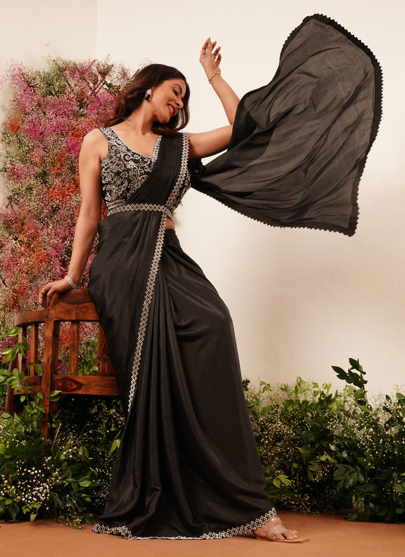 Black Heavy Stone Work Ready to Wear Saree