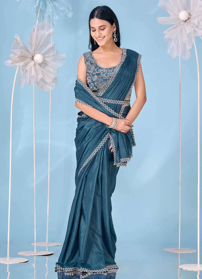 Peacock Blue Heavy Stone Work Ready to Wear Saree
