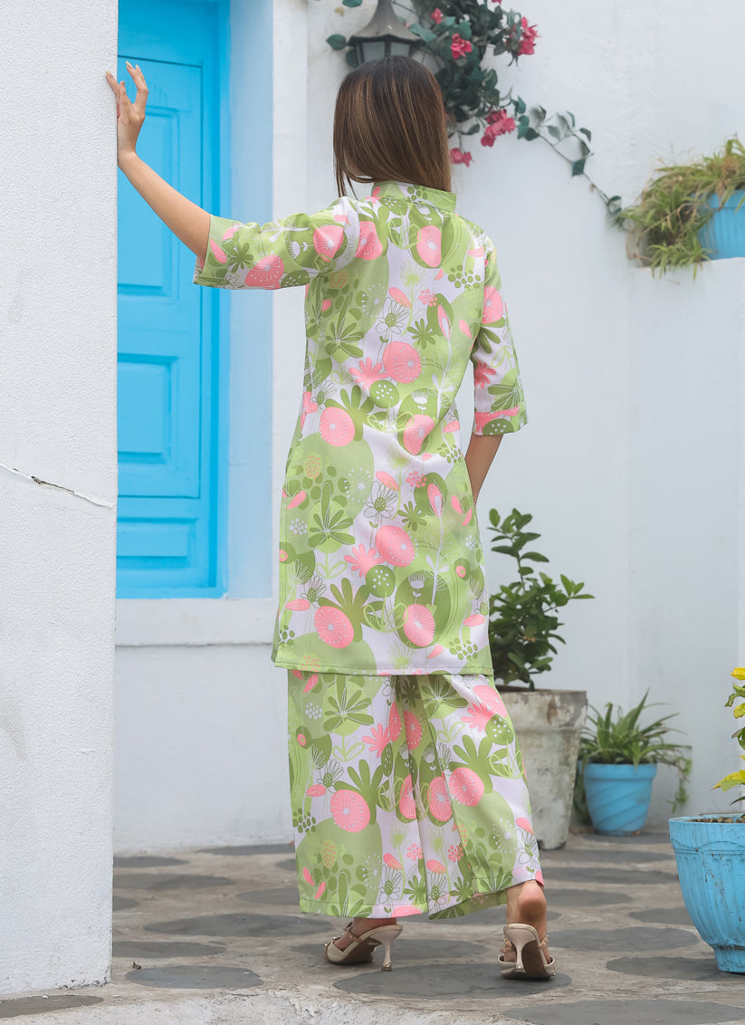 Pista Green Cotton Floral Printed Co-Ord Set