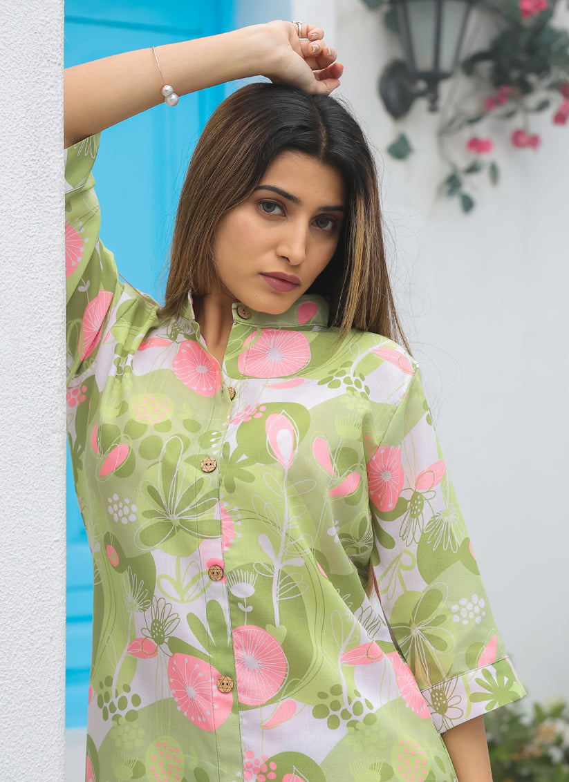 Pista Green Cotton Floral Printed Co-Ord Set