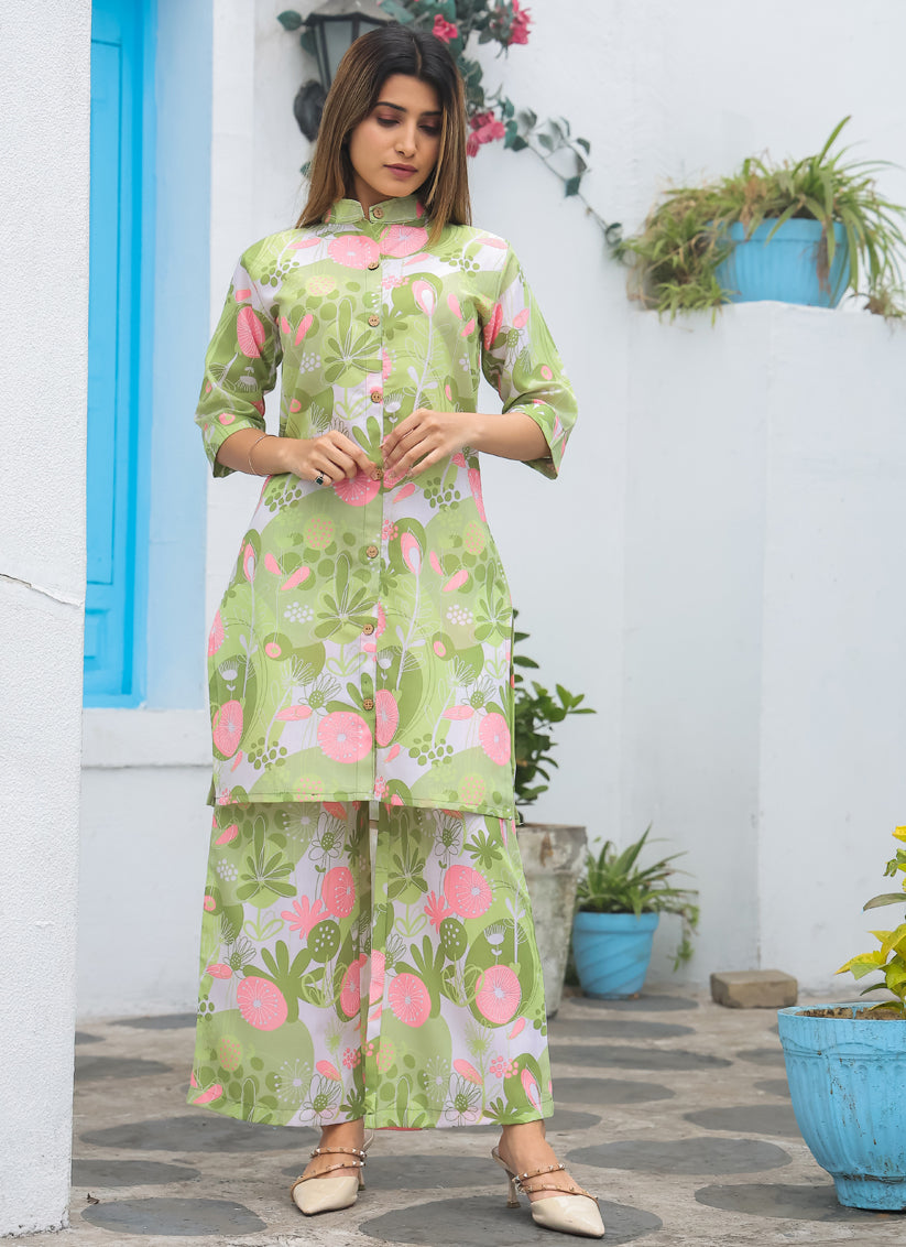 Pista Green Cotton Floral Printed Co-Ord Set
