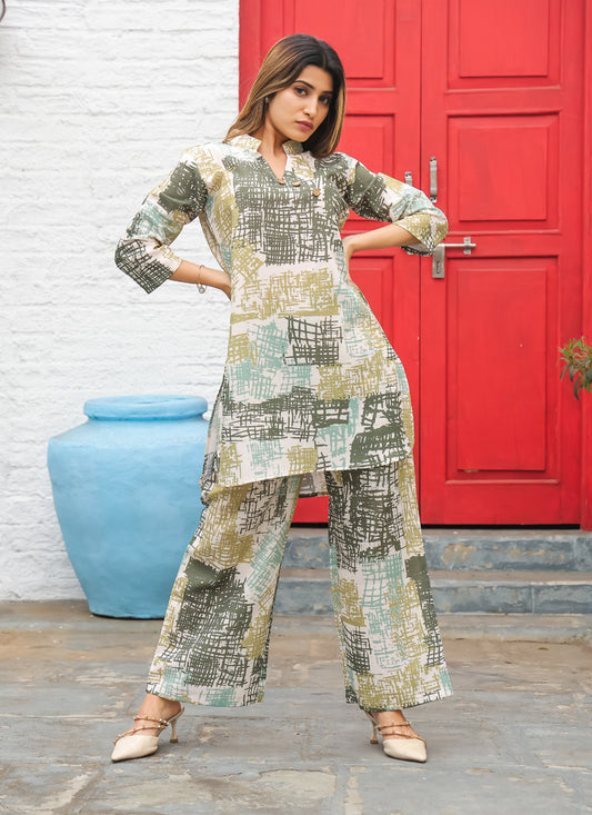 Grey Cotton Floral Printed Co-Ord Set