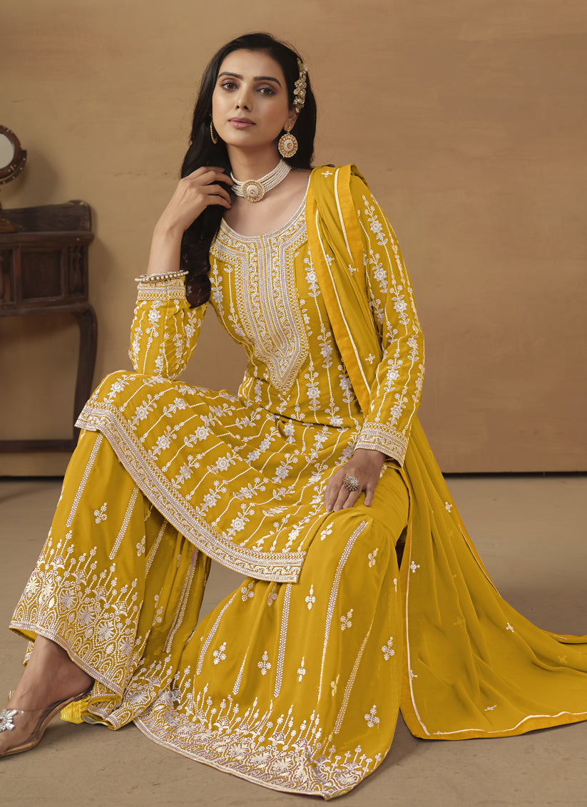Mustard Faux Georgette Embroidered Sarara Kameez