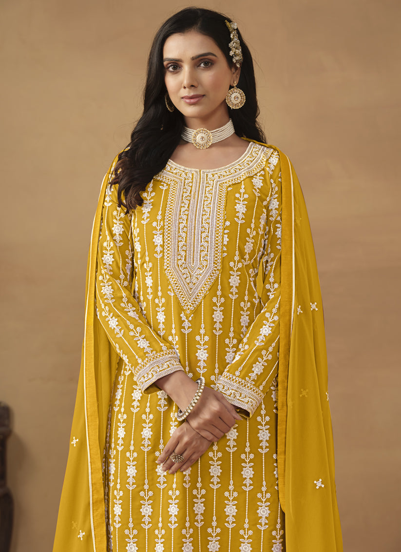 Mustard Faux Georgette Embroidered Sarara Kameez