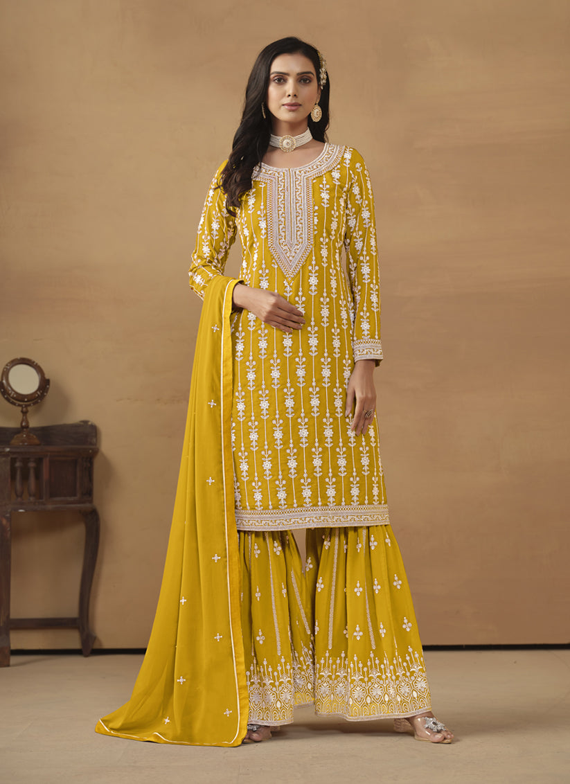 Mustard Faux Georgette Embroidered Sarara Kameez