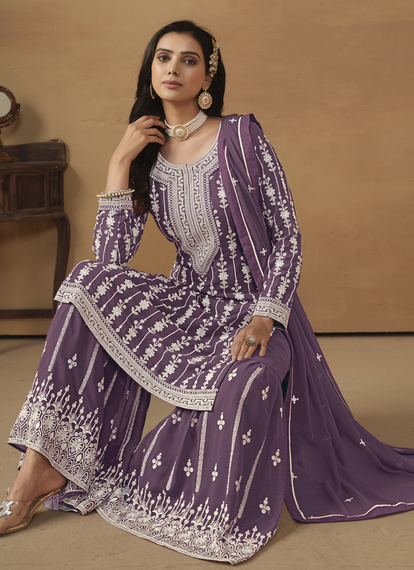 Amethyst Faux Georgette Embroidered Sarara Kameez