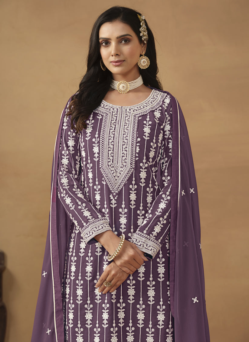 Amethyst Faux Georgette Embroidered Sarara Kameez